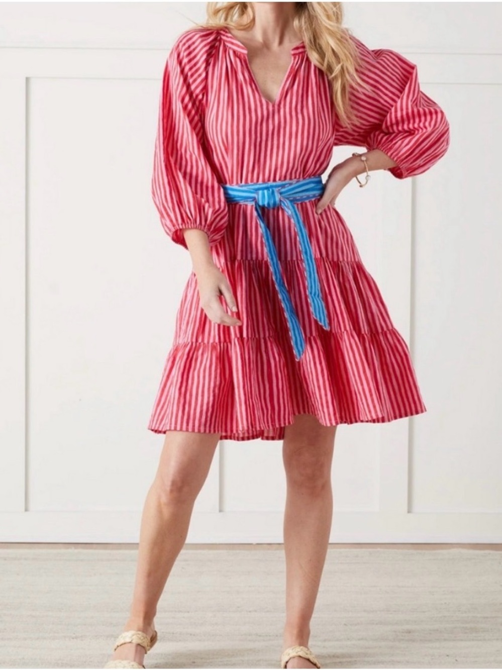 Printfresh Organic Cotton Red & Pink Striped Tiered Dress Blue Tie Belt M Retro‎